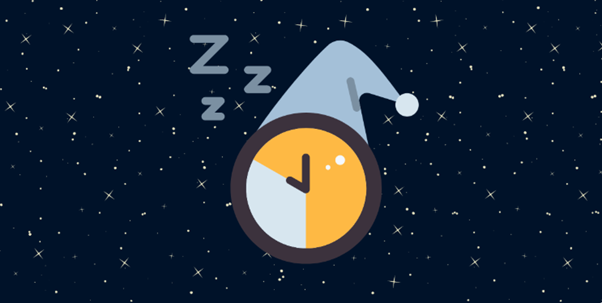 stary sky background with a clock with a sleep hat on 